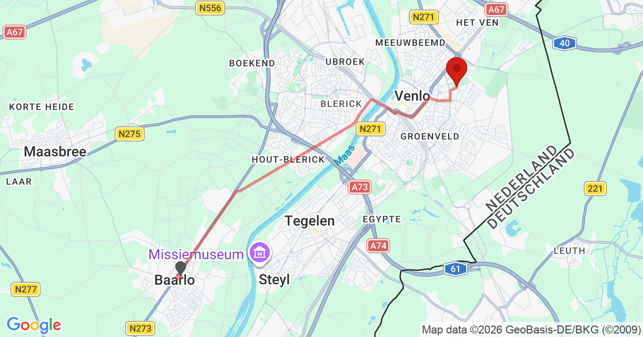 Kaart van het incident in Venlo met de aanrijroutes van de gealarmeerde eenheden