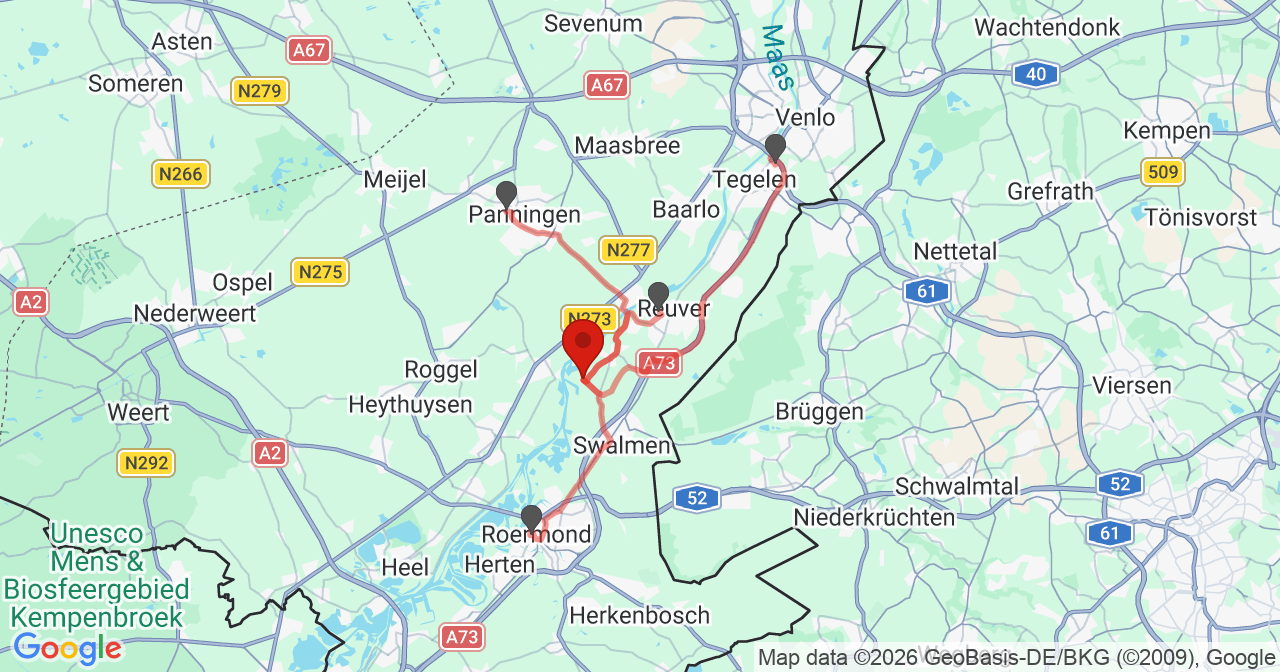 Kaart van het incident in Beesel met de aanrijroutes van de gealarmeerde eenheden
