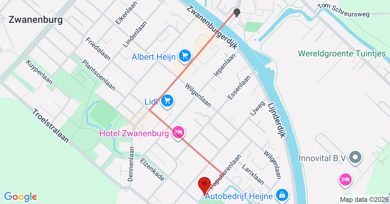 Kaart van het incident in Zwanenburg met de aanrijroutes van de gealarmeerde eenheden