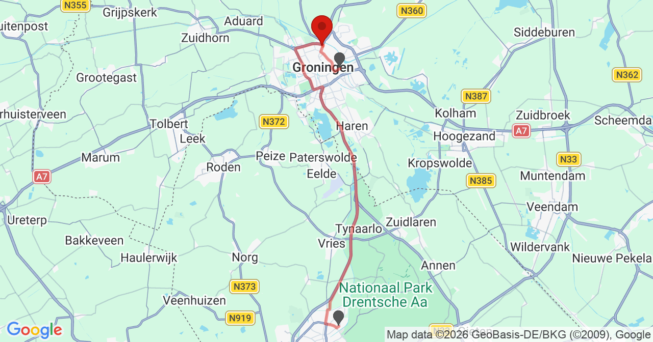 Kaart van het incident in Groningen met de aanrijroutes van de gealarmeerde eenheden
