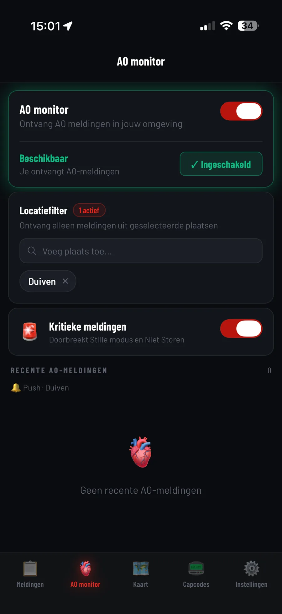 A0 monitor met locatiefilter en kritieke meldingen