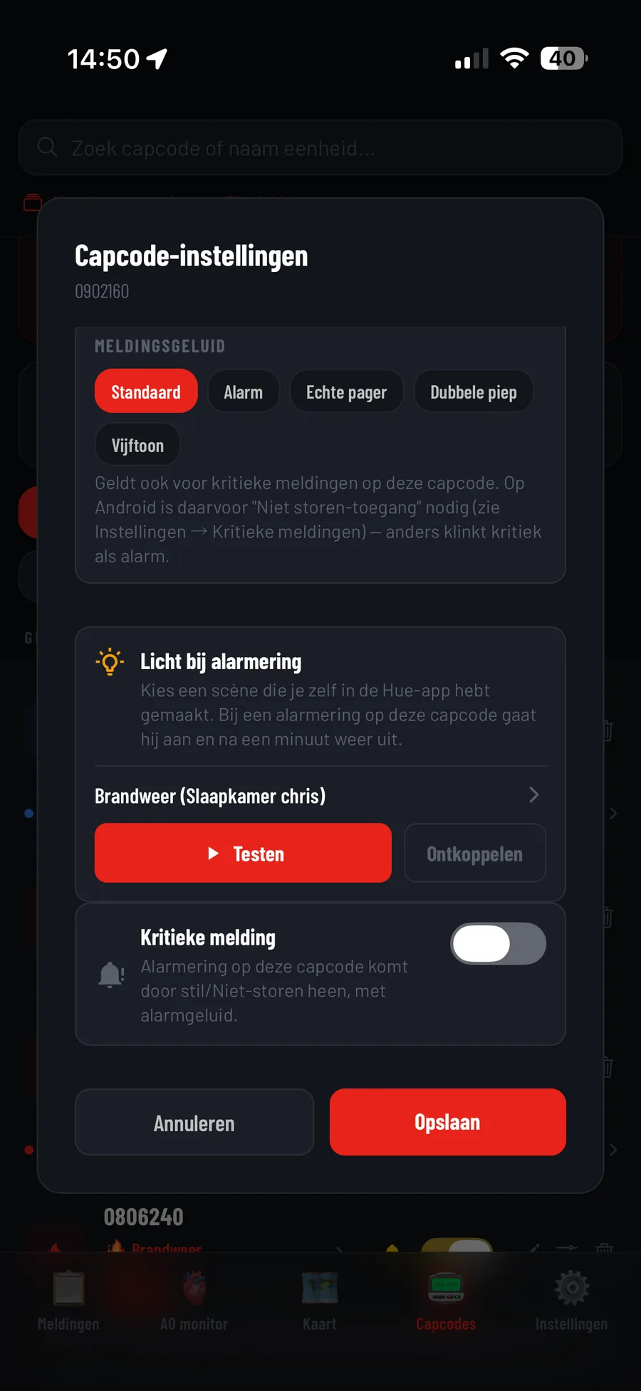 Capcode-instellingen met meldingsgeluid, gekoppelde Hue-scène en kritieke melding