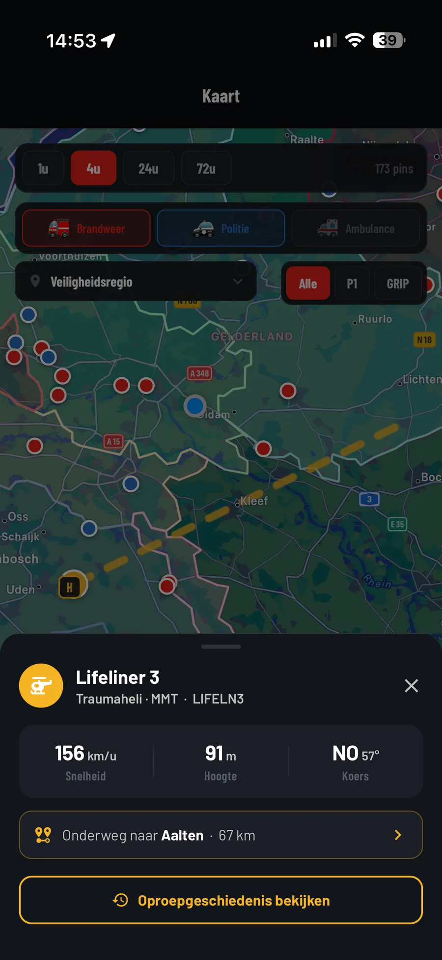 Traumaheli live op de kaart met snelheid, hoogte en bestemming