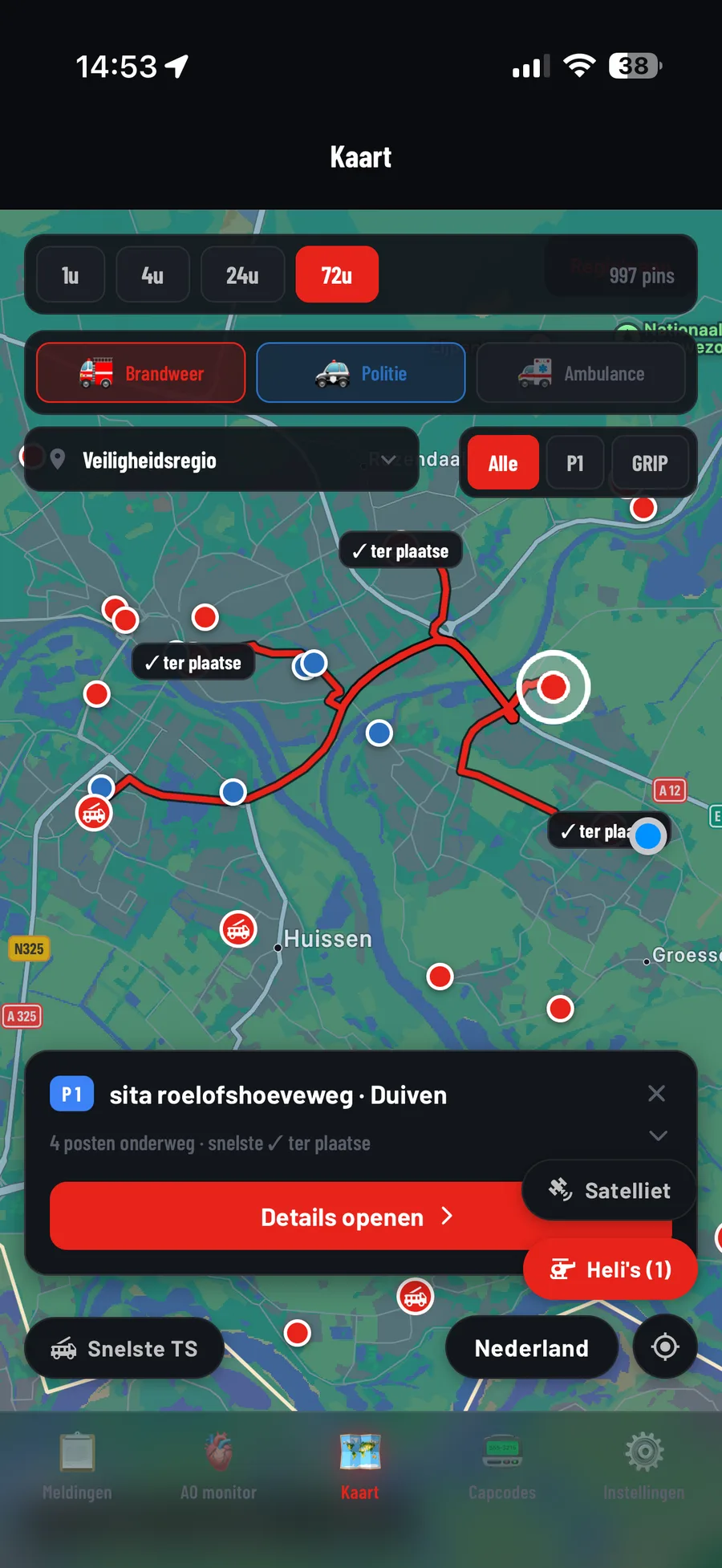 Kaart met aanrijroutes van vier posten naar een melding
