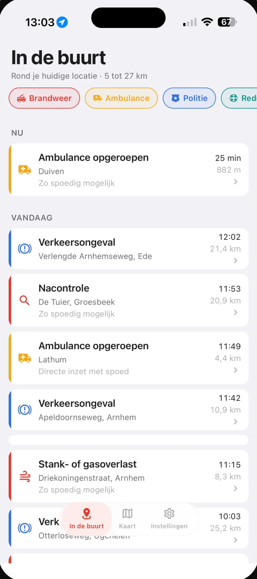 112 Meldingen in de Buurt — meldingen bij jou in de buurt met afstand en tijd