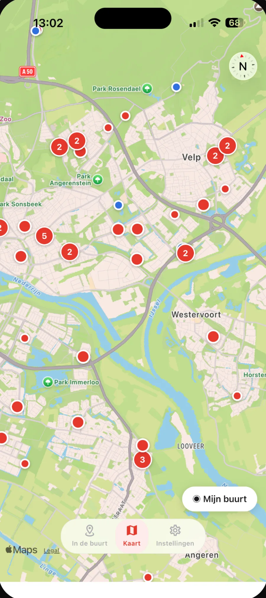 Kaart met meldingen in de omgeving