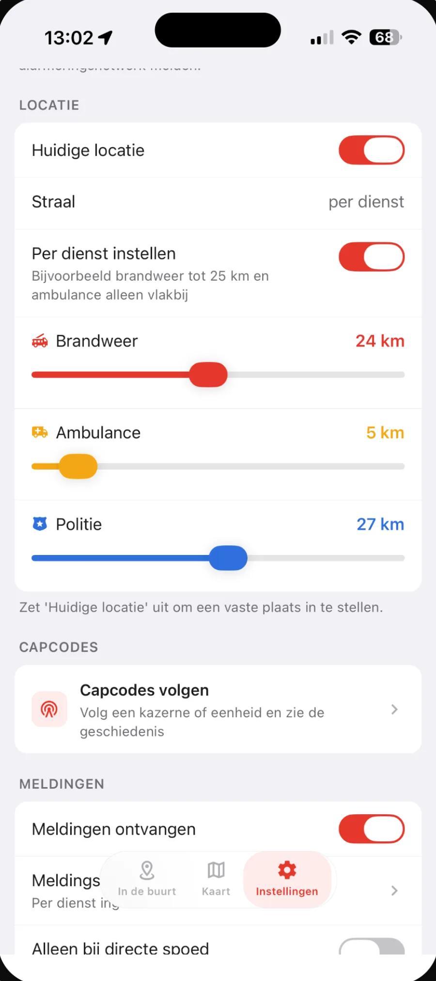 Straal per dienst instellen: brandweer 24 km, ambulance 5 km, politie 27 km