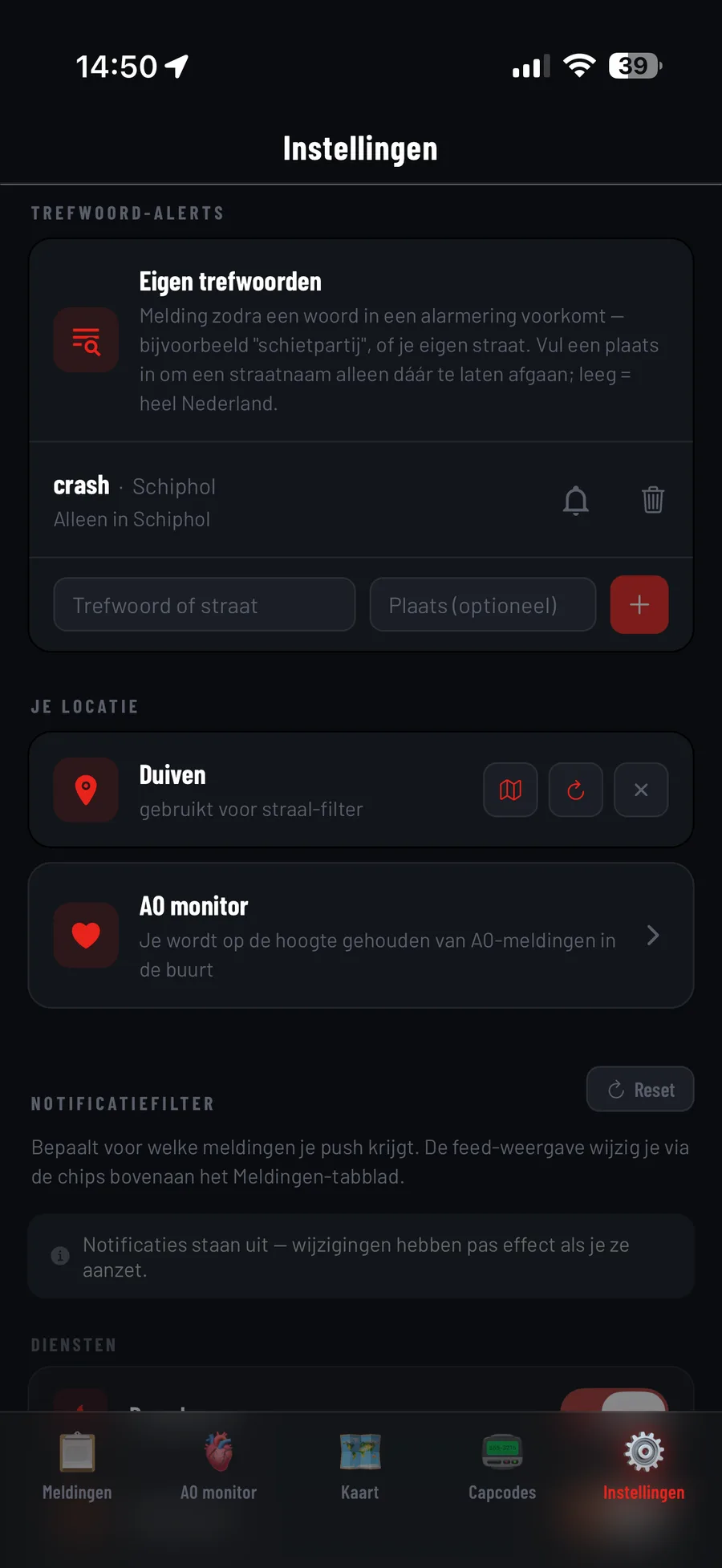 Instellingenscherm met een trefwoord-alert op crash in Schiphol
